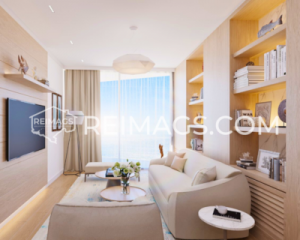 "Living room in the apartment, stylish design, sea view - Elegant properties for sale in Becici, Montenegro.