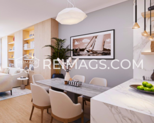 Kitchen with stone countertops and dining area - Stylishly designed apartment features in Becici, Montenegro.